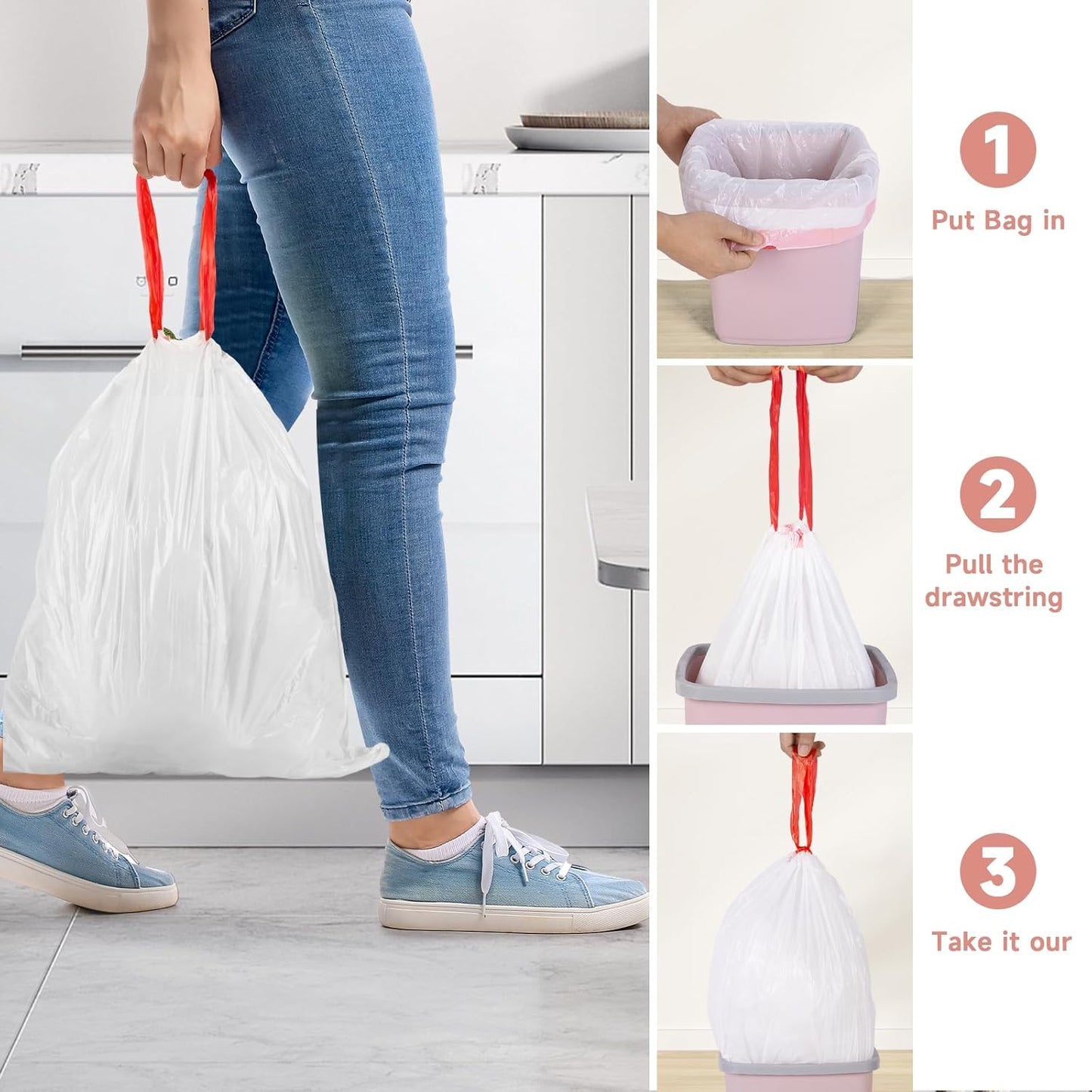 6 Gallon Trash Bags Drawstring Unscented - White Medium Kitchen Garbage Bags Plastic 125 Count 22.5 Liter Recycling Office Bathroom Waste Basket Liners Strong Thick Bulk Magesh