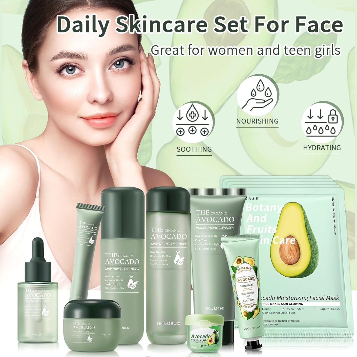 Avocado Skin Care Set, 13-In-1 Travel Skincare Kits for Hydrating & Soothing Skin, Daily Care Routine Kit with Avocado, Anti Aging Facial Kit for Women, Reduces Acne, Fine Lines & Wrinkles.