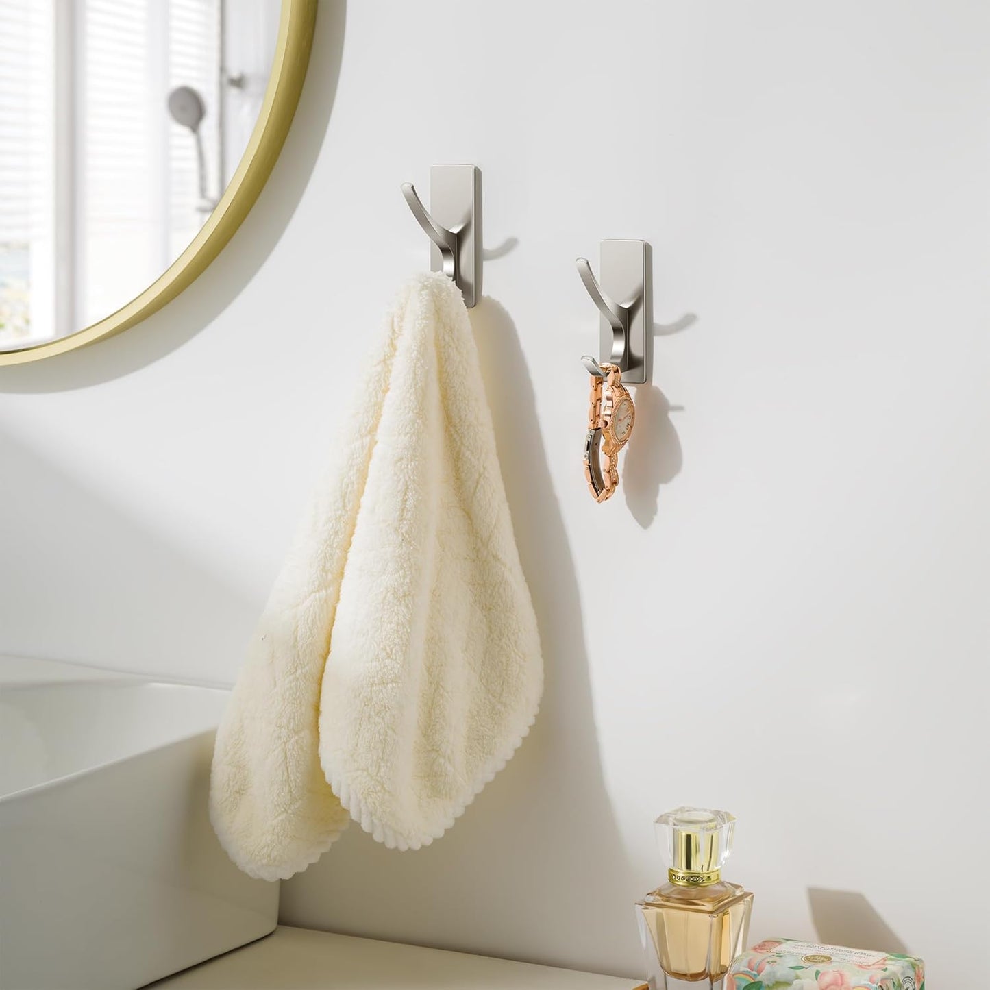 10 Pack Self Adhesive Towel Hooks: Extra Strong 13LB, Stainless Hook for Hanging Loofah, Towels, Coat, Bath Robe Bathroom Shower, Brushed Nickel