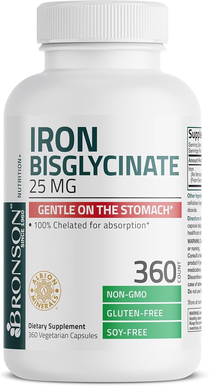 Bronson Iron Bisglycinate 25 mg Gentle on The Stomach, Supports Energy & Healthy Red Blood Cell Production - Non-Constipating Formula - Non GMO, 360 Vegetarian Capsules
