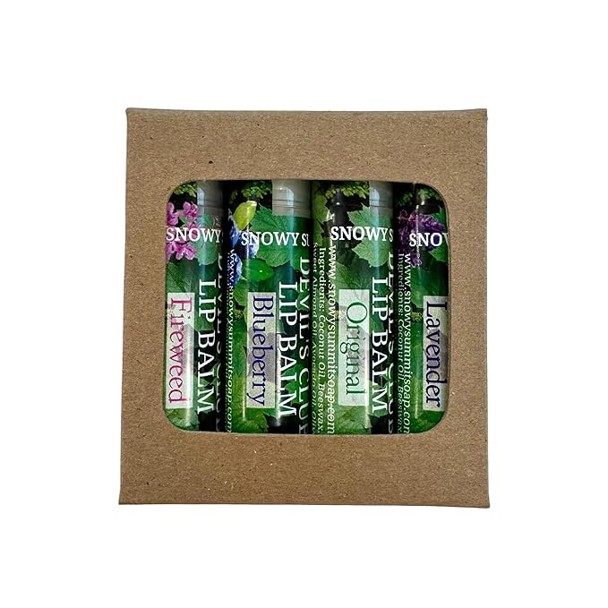 Devil's Club Lip Balm Set - Contains Fireweed, Lavender, Blueberry - Natural Moisturizing Chapstick with Vitamin E - Handcrafted in Alaska - 4 x .15 oz Tubes for Soft, Smooth Lips