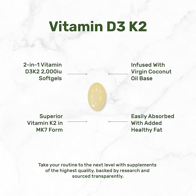 DEAL SUPPLEMENT Sunshine Vitamin D – Vitamin D3 2,000 IU with K2 MK7 50mcg – Infused with Virgin Coconut Oil – Support Healthy Bones, Teeth, and Immune System – Easy to Swallow