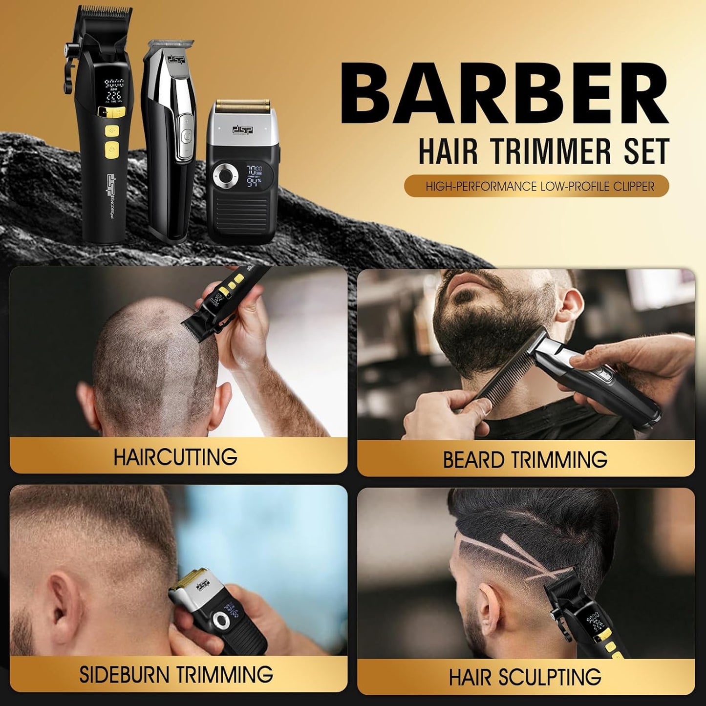 DSP® Hair Clipper, Trimmer, Beard Shaver Kit for Men Professional Barber Set for Hair and Beard Cutting Zero Gap Beard Trimmer, Rechargeable Bald Clippers with LED Display (Black)