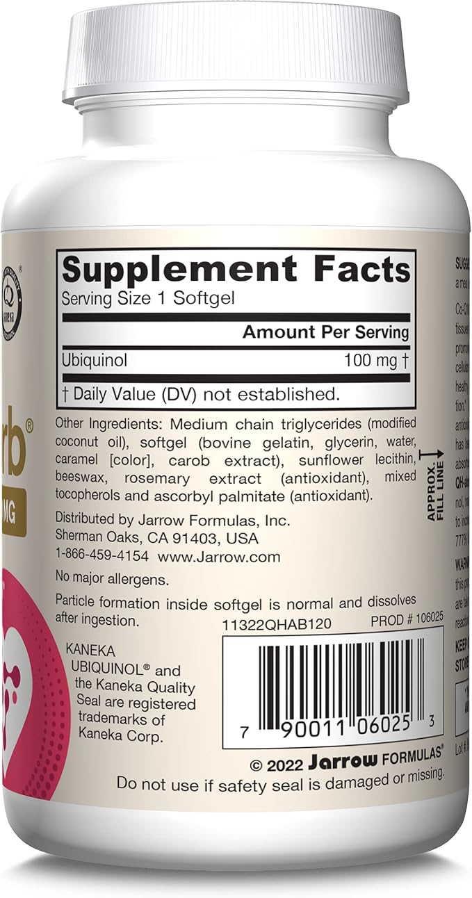 Jarrow Formulas® QH-Absorb®, 100 mg, Ubiquinol Dietary Supplement for Healthy Cardiovascular Function, 120 Softgels, 120 Day Supply