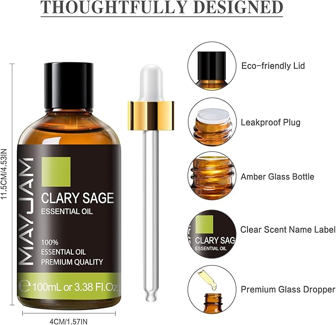 Clary Sage Essential Oil with Glass Dropper - MAYJAM Pure Clary Sage Oil Essential Oils for Diffusers for Home - Perfect for Aromatherapy and Relaxation - Huge 3.38fl.oz
