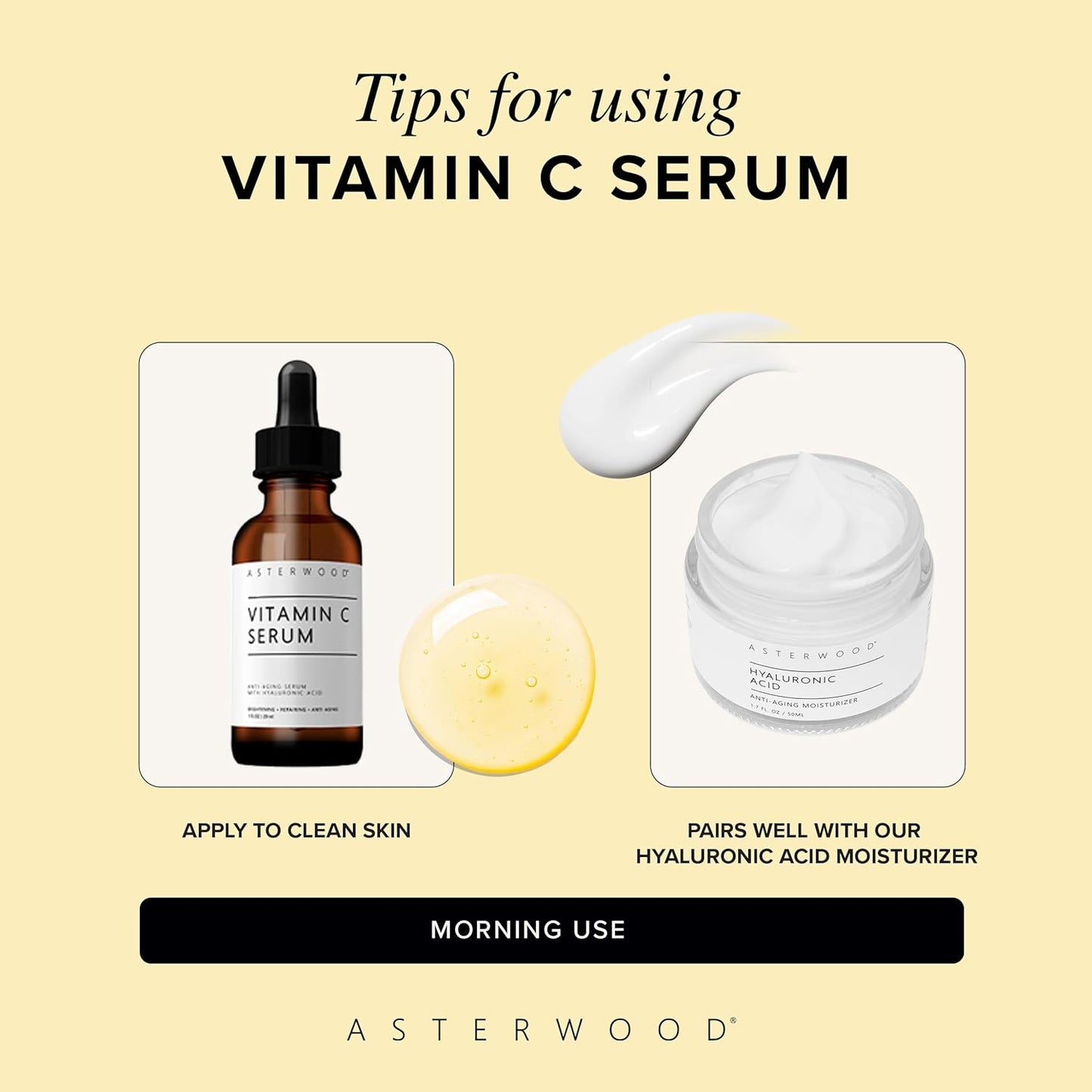 Asterwood Vitamin C Face Serum - with Hyaluronic Acid - Smoothing, Hydrating, Stimulates Collagen Production - Fragrance-Free - 8 Fl Oz
