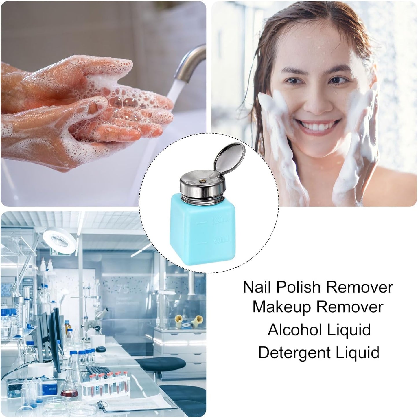 HARFINGTON 4PCS 120ML(4oz) Push Down Alcohol Dispenser Pump Liquid Press Empty Bottles Refillable Container for Acetone Cleanser Nail Polish Remover, Blue