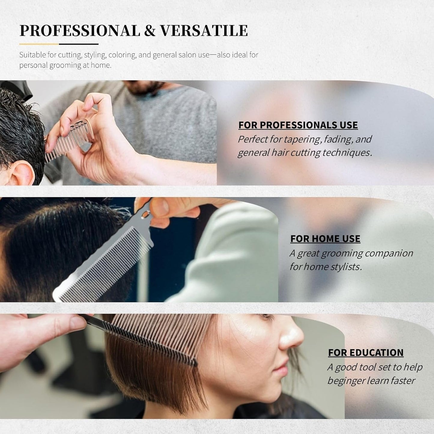 3 Pcs Professional Aluminum Comb Set for Barber Hair Styling - Fine Cutting, Rat Tail, Handle Combs (Rose Gold)