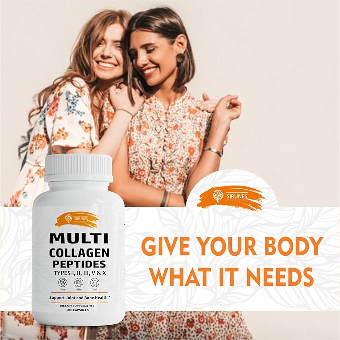 SIRUNES Multi Collagen Peptides Capsules - Non-GMO & Gluten Free Type I, II, III, V, X Hydrolyzed Collagen Supplements with Vitamin C - Supports Healthy Hair, Skin, Nails, & Joints - 100 Capsules
