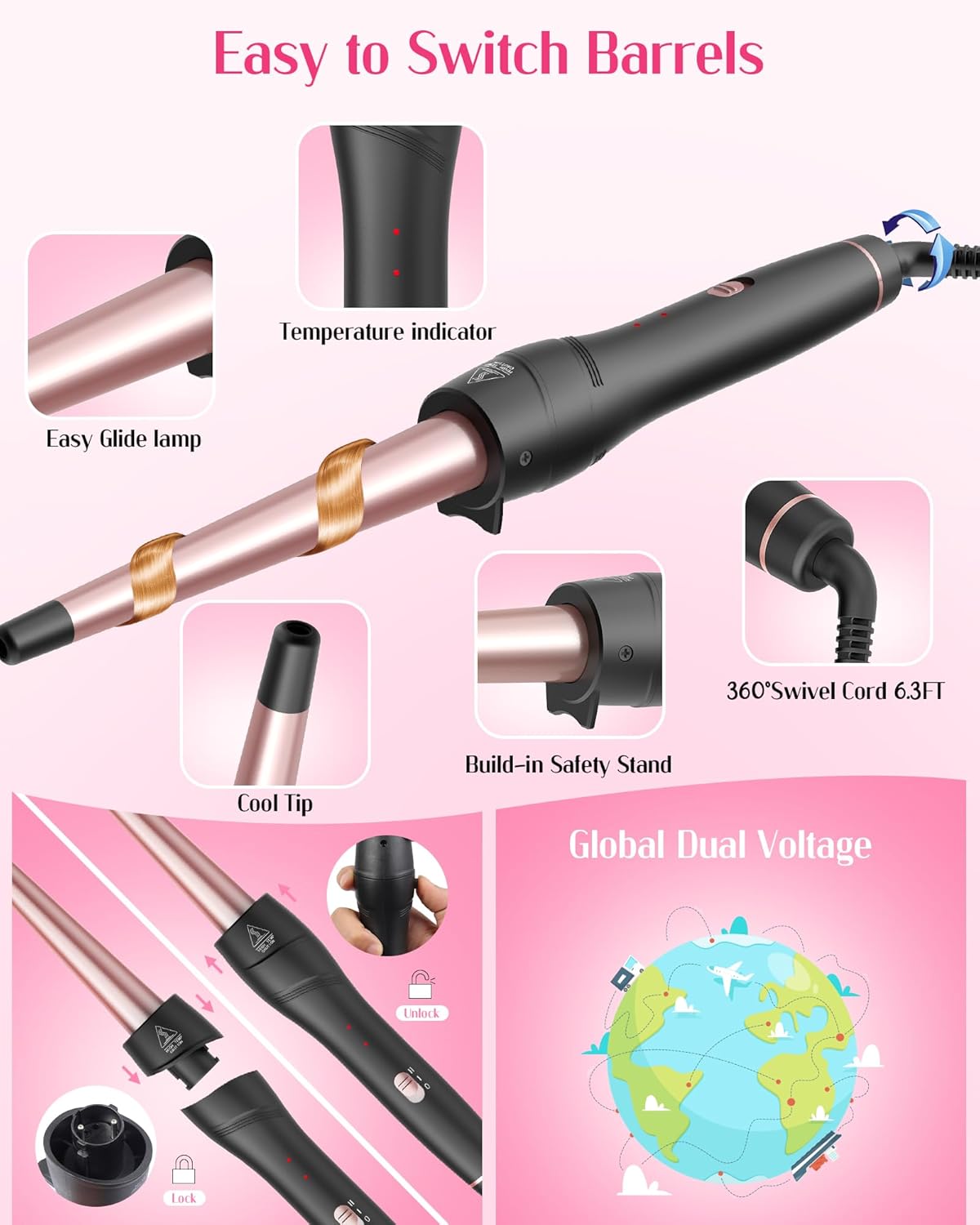 ANIEKIN 5 in 1 Curling Iron Set, Fast Heat Up Curling Wand from 3/8 to 1 1/4 Inch and a Thermal Brush Come with, Dual Voltage Hair Curler for Women All Hair Types and Travel Use, Gifts for Women