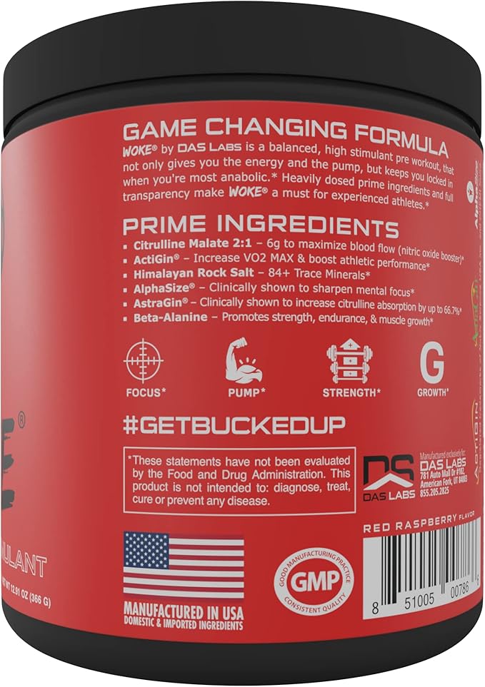 Bucked Up - Woke - HIGH STIM Pre Workout - Best Tasting - Focus Nootropic, Pump, Strength and Growth, 30 Servings (Blood Raz)