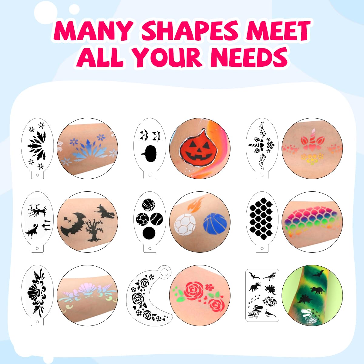 46 pcs Face Paint Stencils Kit,22 Pcs Reusable Facial Painting Stencils Reusable Body Paint Templates with 10 pcs Brushes,14 pcs Sponges for Party Halloween Makeup Depvision Face Paint Accessory Kit