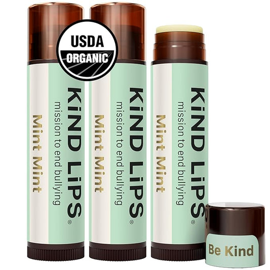 Mint Lip Balm Kind Lips Organic 3-Pack | Extra Minty, Hydrating, Gluten-Free, Moisturizing, Natural, Cruelty-Free, USDA Certified, Non-Greasy, Mint Chapstick