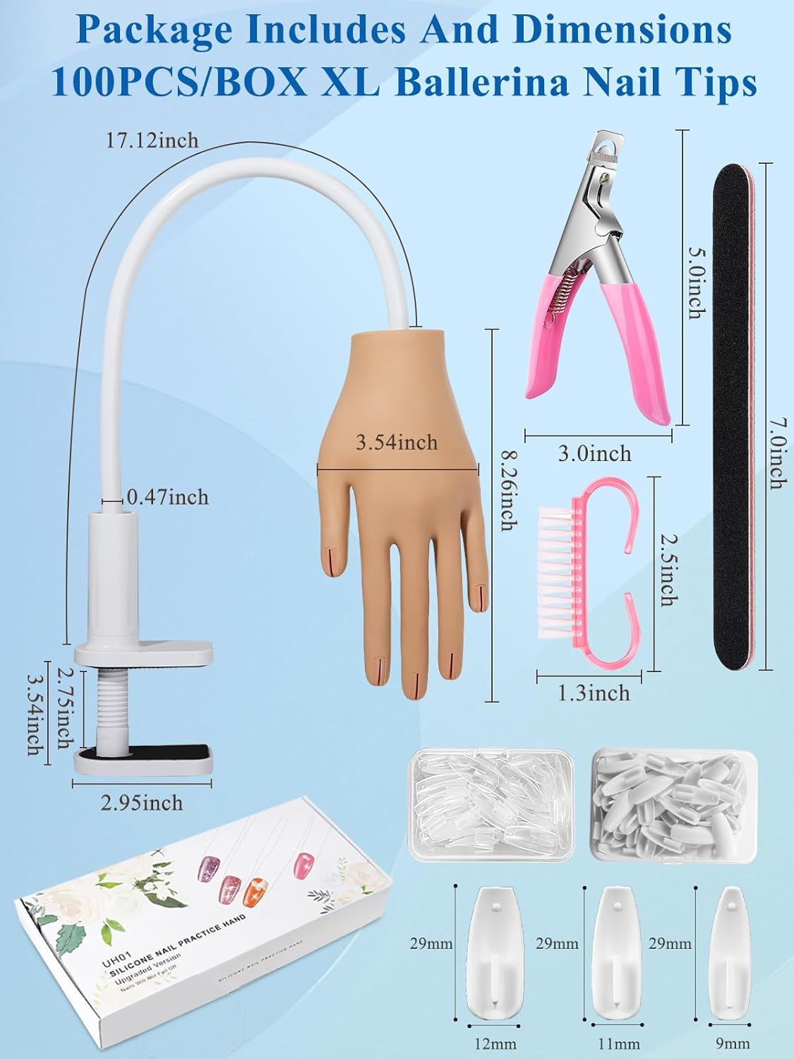 Practice Hand for Acrylic Nails, Flexible Movable Nail Practice Hands, 200PCS Nail Tips Never Fall Off Finger Never Break Nail Hand Practice, Silicone Acrylic Practice Hand Fake Hand for Nail Practice