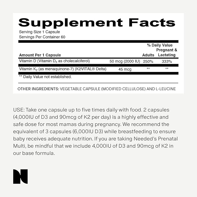 Needed. Expertly-Formulated Prenatal Vitamin D3/K2 | for Fertility, Pregnancy Breastfeeding, and Postpartum, Healthy Immunity and Bone Development, Supports Breast Milk Vitamin D Levels | 60 Capsules