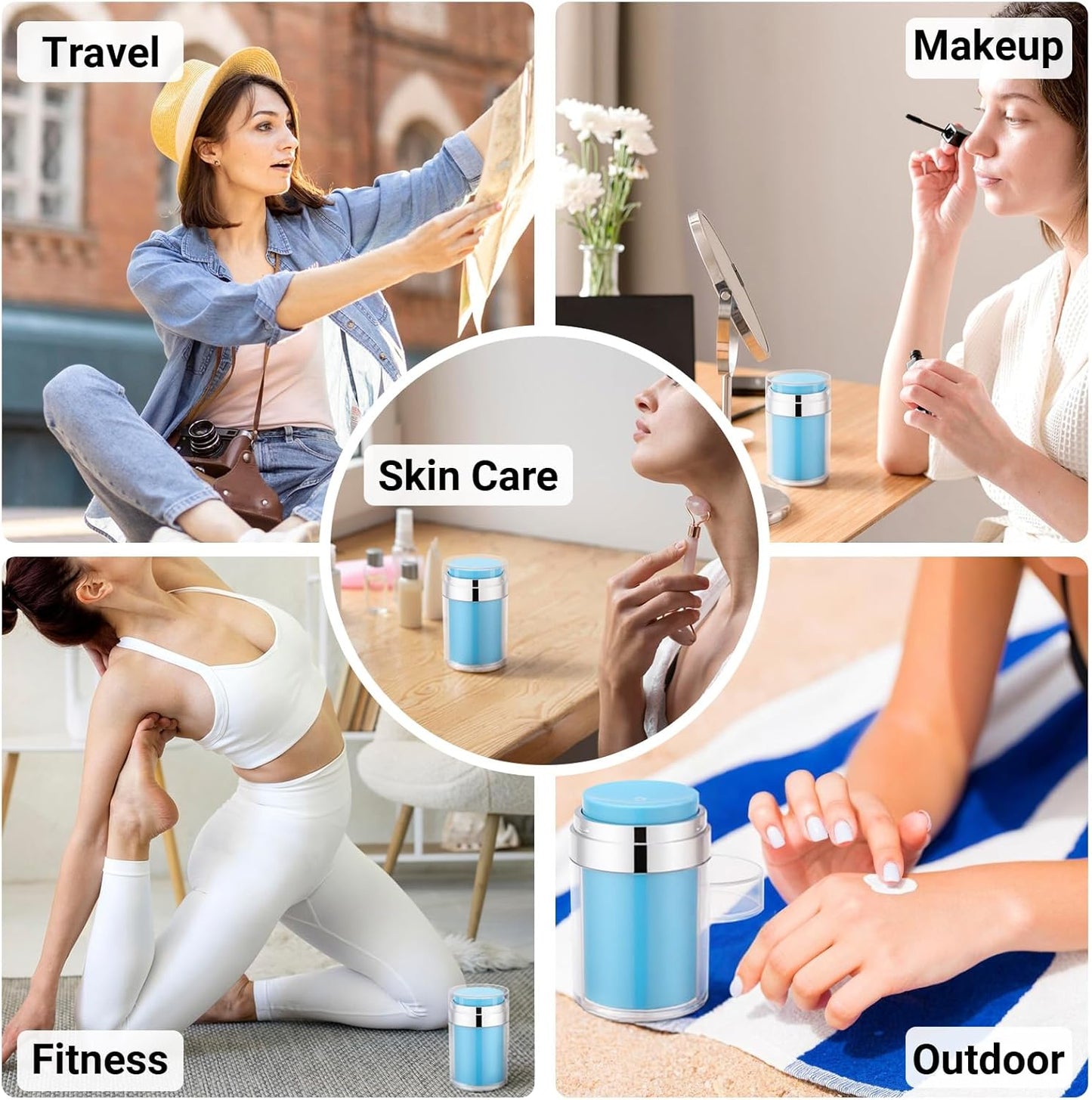 Segbeauty Airless Jar 3.4oz Travel Bottles for Toiletries, 3pcs Empty Plastic Travel Cream Jars with Lids, 100ml Blue Lotion Pump Bottles, Vacuum Skincare Cosmetic Containers Refillable Pump Dispenser