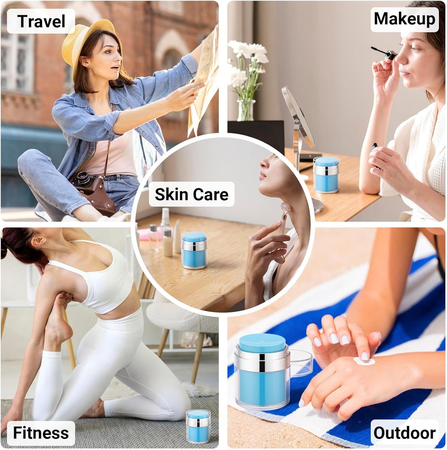 Segbeauty 1.7oz Airless Travel Pump Jar for Toiletries, 3pcs Refillable Blue Travel Size Lotion Containers for Liquids, 50ml Empty Vacuum Lotion Pump Bottle Dispenser Set, Skincare Toiletry Container