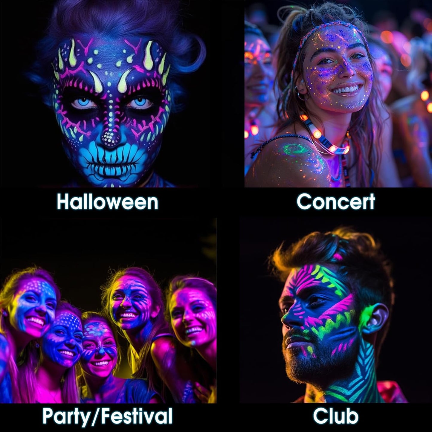 15 Colors Glow Neon Face Paint, Water Activated UV Face Paint, Neon Glow in The Dark Body Paint Washable Eyeliner Face Painting for Party, Halloween, Festival, Rave