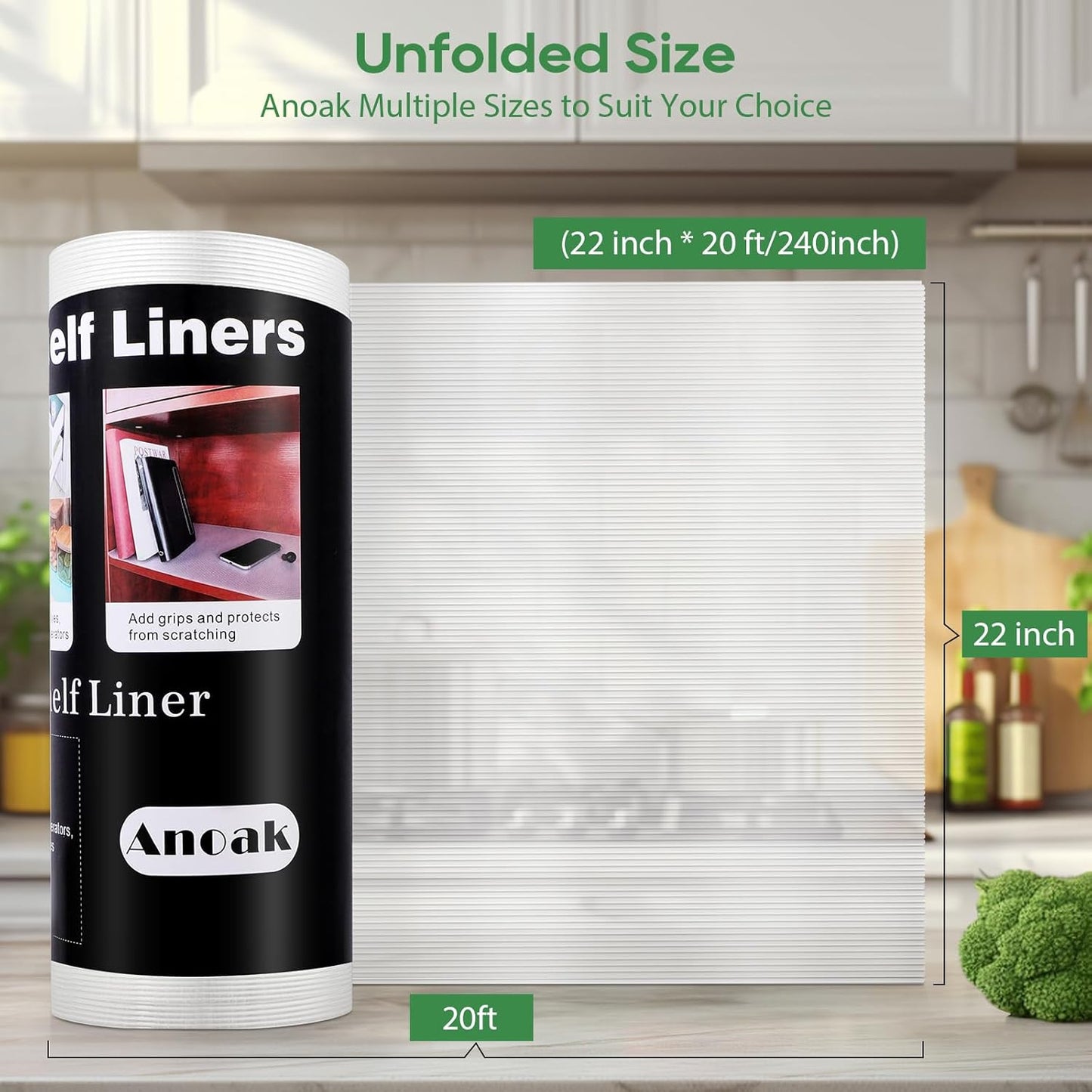 Anoak Cabinet Liner, Non Adhesive, Washable 22 Inch x 20 FT(240 Inch) Waterproof Durable Non-Slip Shelf Liner for Kitchen, Drawer, Refrigerator