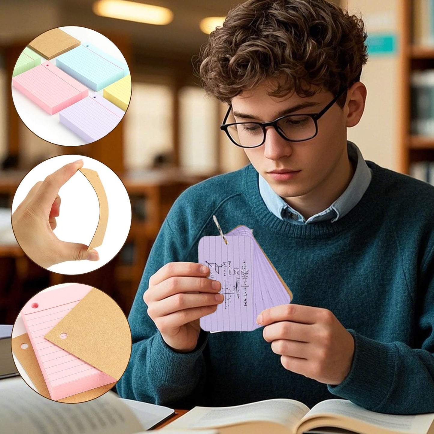 Koogel Index Cards 3x5 Inch with Ring, 300 Count, Colored Ruled Flash Cards for Studying, Heavyweight Lined Notecard for School Office Home Learning Memory Note Taking To Do List Supplies, 6 Colors