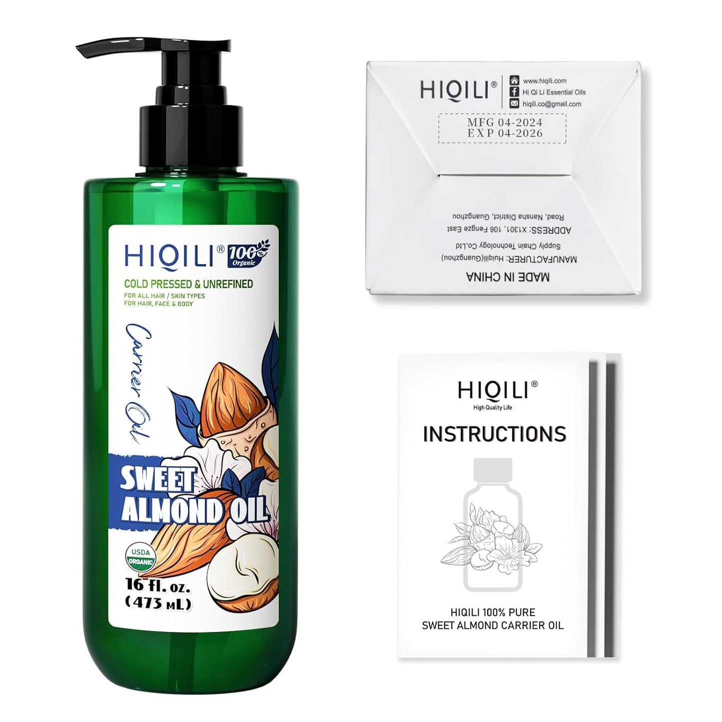 HIQILI Sweet Almond Oil for Skin, Hair, Body, 100% Pure Organic Carrier Oil for Essential Oils Mixing, Hexane Free, Unscented - 16 Fl Oz