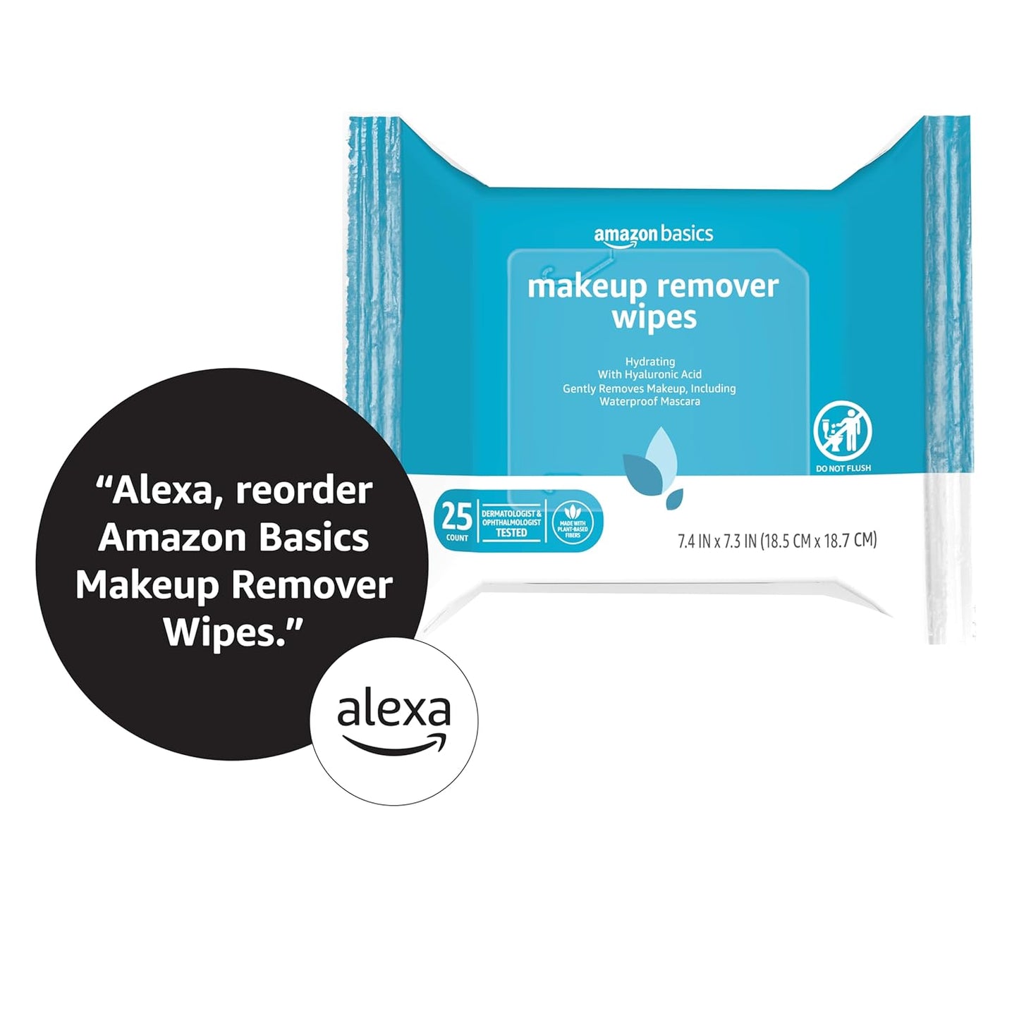 Amazon Basics Makeup Remover Wipes, Gentle Cleansing, Dermatologist Tested, Hydrating, Plant Based, Alcohol-Free, Removes Waterproof Mascara, 25 Count Per Pack, Pack of 1
