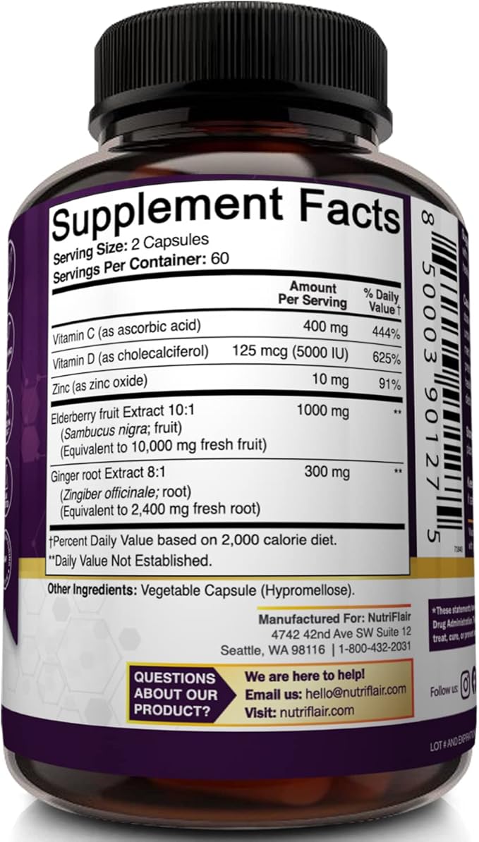 NutriFlair Sambucus Elderberry, 120 Veggie Capsules 5 in 1 Immune D3 5000 5000 IU, 2 Month