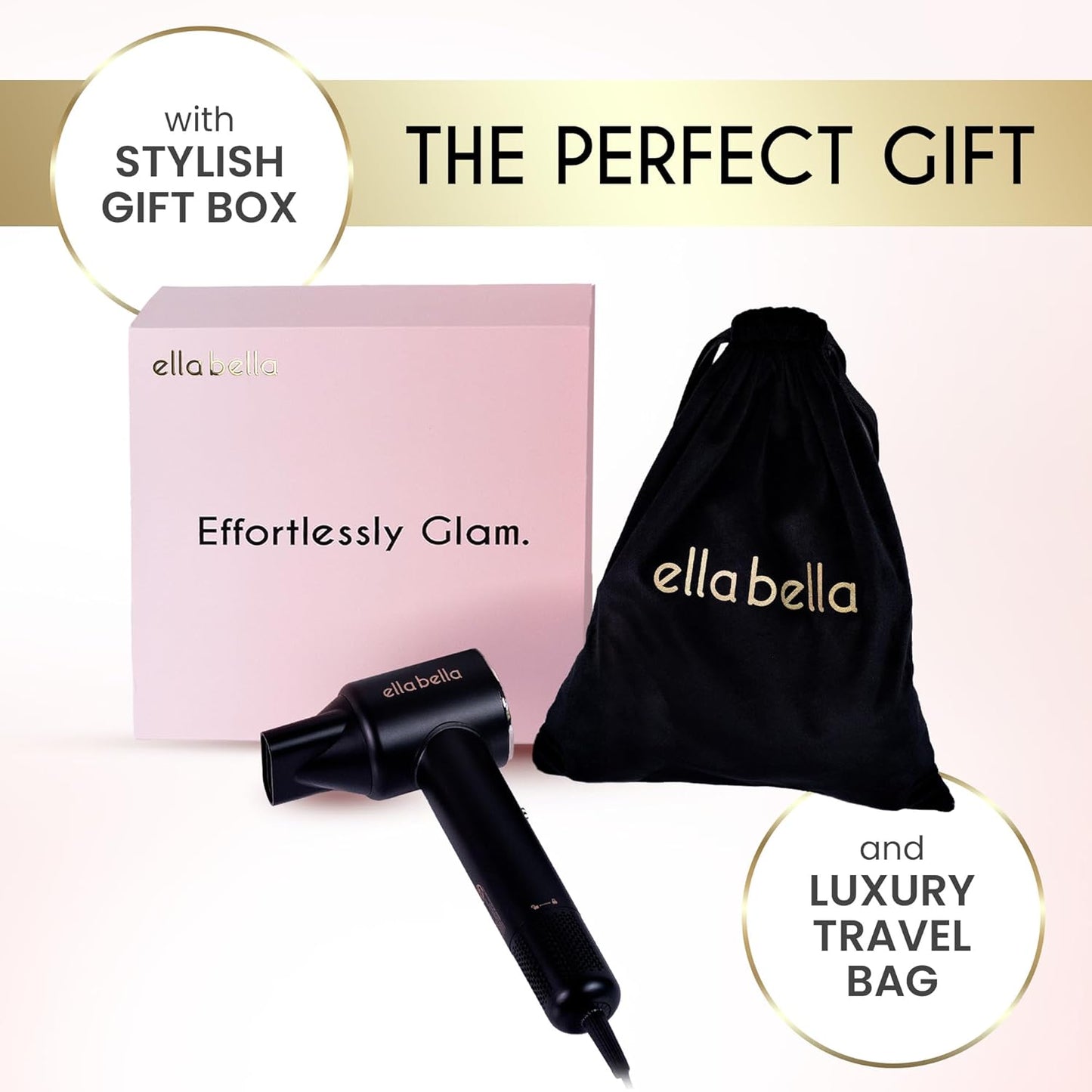 ELLA BELLA® Compact Plasma Hair Dryer, Advanced Plasma Technology Blow Dryer with Digital Display, Rapid Drying, Low Noise, & Luxury Velvet Travel Bag - Includes Diffuser & Nozzle- for All Hair Types