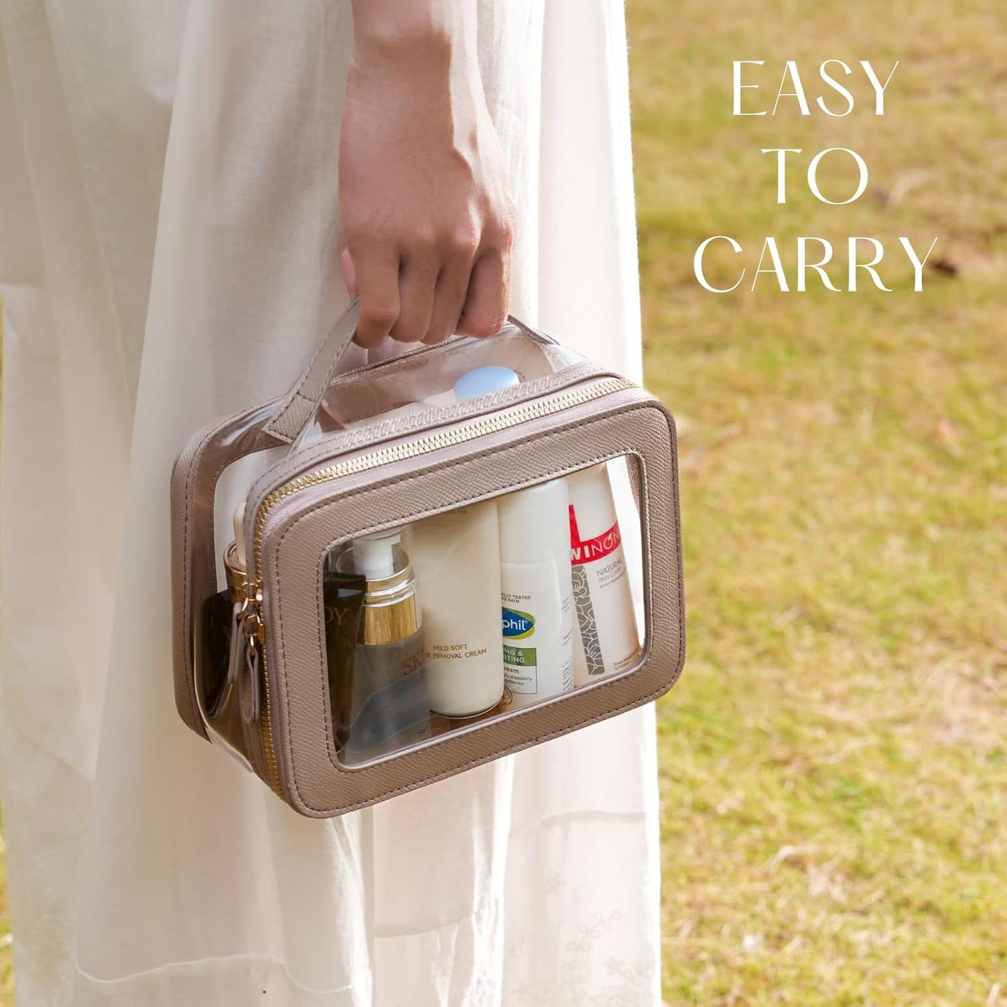 Clear Cosmetic Bag Set for Women Makeup Bag with Handle, 3 Pcs Travel Toiletry Bag Transparent Cosmetic Case Portable Make Up Organizer Bag for Essentials (Stone, Mini+S+L)