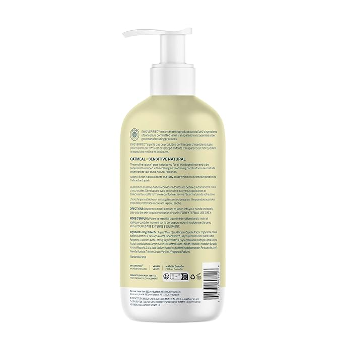 ATTITUDE Body Lotion for Sensitive Skin with Oat, EWG Verified, Dermatologically Tested, Vegan, Argan Oil, 16 Fl Oz