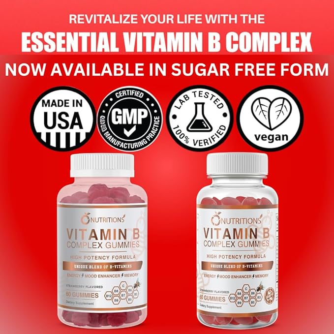 O NUTRITIONS Vitamin B Complex Vegan Gummies with Vitamin B12, B7 as Biotin, B6, B3 as Niacin, B5, B6, B8, B9 as Folate for Stress, Energy and Healthy Immune System (1 Pack -Sugar Free)