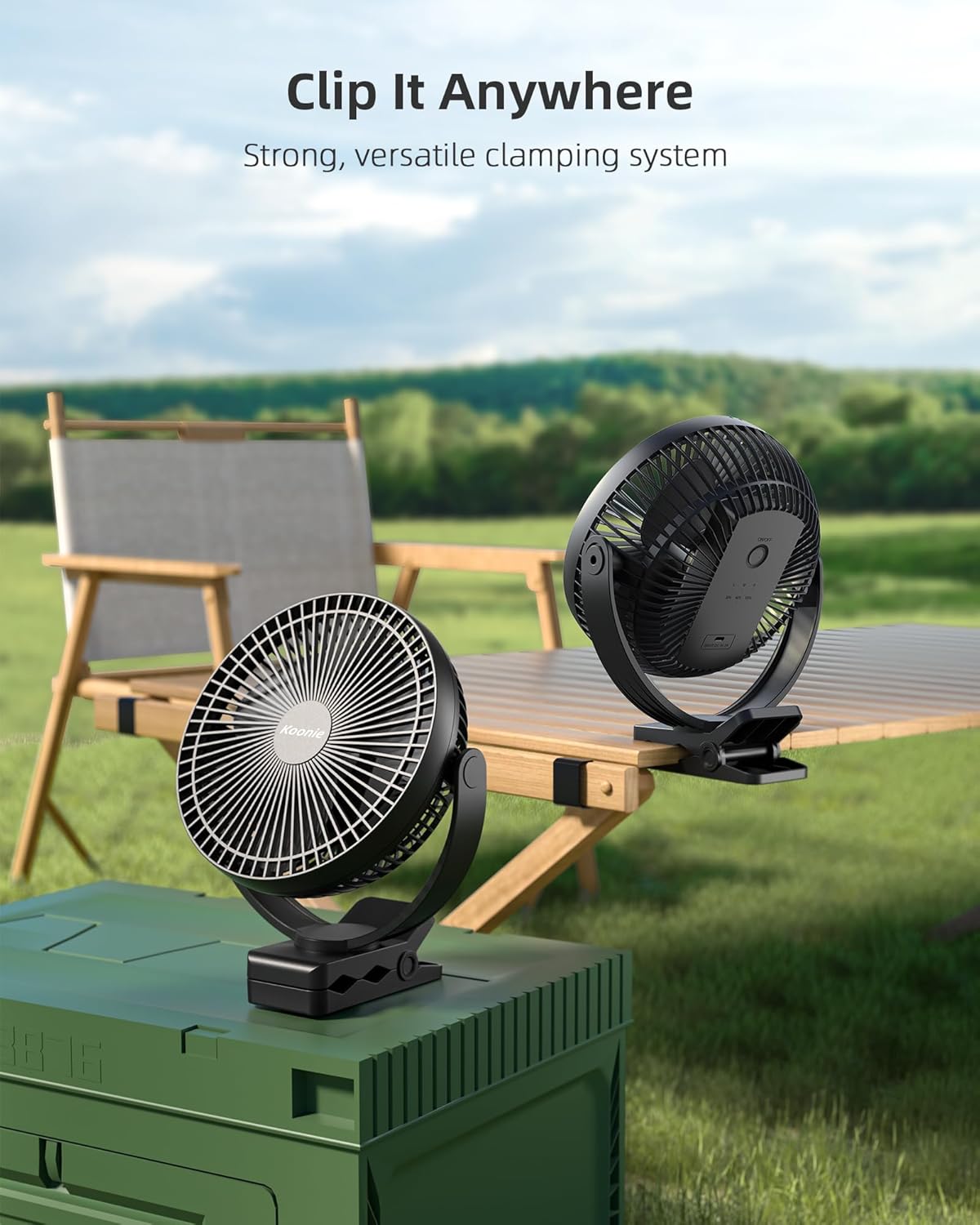 Koonie 10000mAh Clip on Fan Rechargeable, 8-Inch Battery Operated Desk Fan, USB Fan, 4 Speeds, Strong Airflow, Sturdy Clamp for Golf Cart Office Desk Outdoor Travel Camping Tent Gym Treadmill,Black