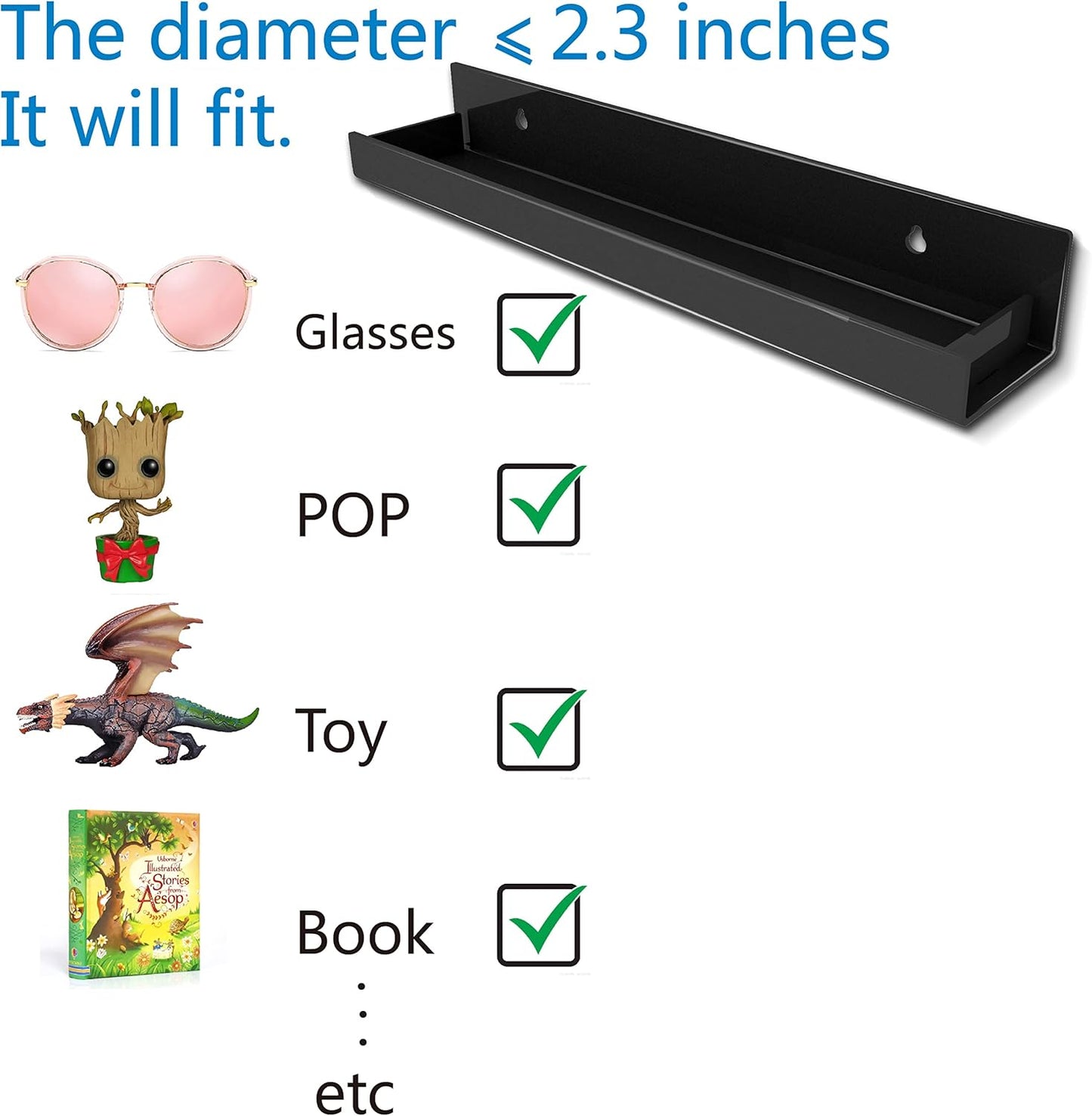 8 Pack 15 Inch Black Acrylic Shelves, Black Kids Floating Bookshelf for Kids Room, Modern Nail Polish Rack Sunglasses Essential Oil Picture Ledge Display Toy Storage Wall Shelf