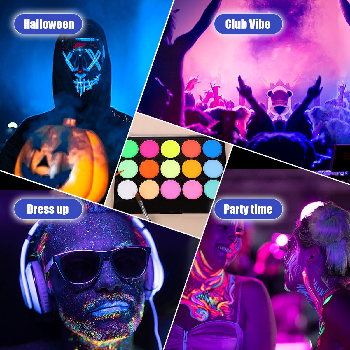 Glow UV Blacklight Face Paint,Neon Fluorescent Body Painting Palette,Water Activated Makeup Eyeliner,Water Based Glow In The Dark Party Halloween Washable for Adult Body Paint Set (15 color)
