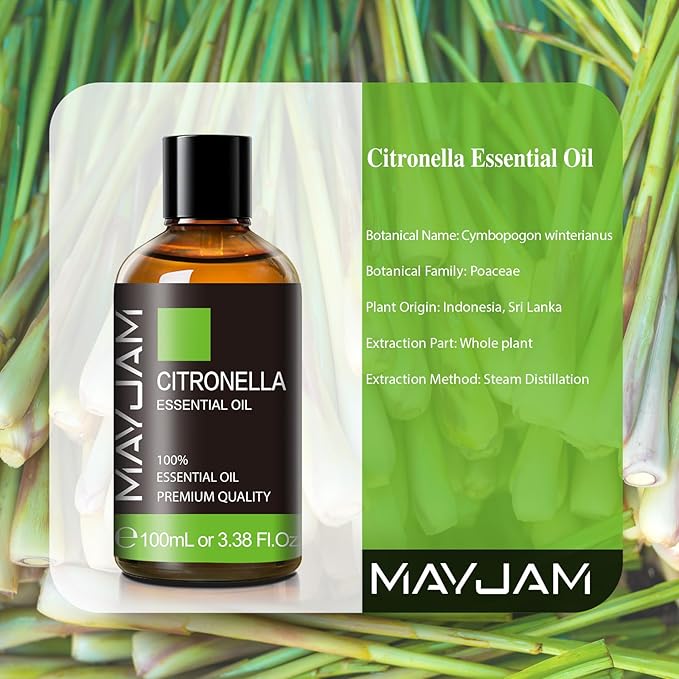 Citronella Essential Oil, 3.38FL.OZ Pure Essential Oils with Glass Dropper, Large Volume Citronella Oil, Perfect for Massage, DIY Candle and Soap Making (100ML)