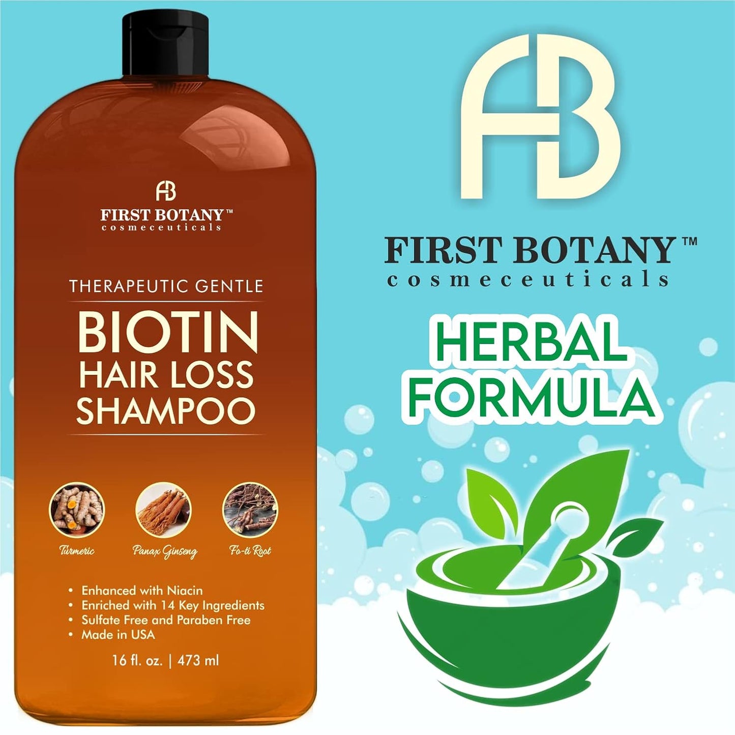 First Botany, Anti Hair Loss and Hair Regrowth Shampoo 16 fl oz, with DHT blockers- Daily Hydrating, Detoxifying, Volumizing Shampoo For Men and Women