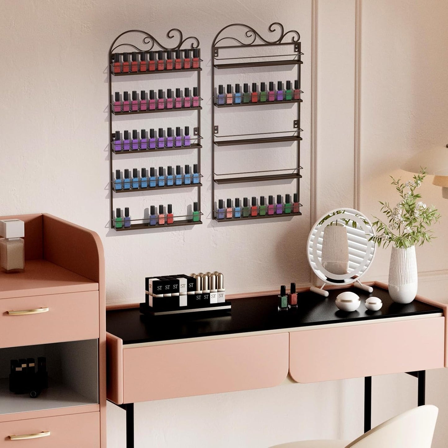 ERYTLLY Wall Mounted Nail Polish Rack, Rectangle Nail Storage Organizer, Salon Shelf Organizer (Brown)