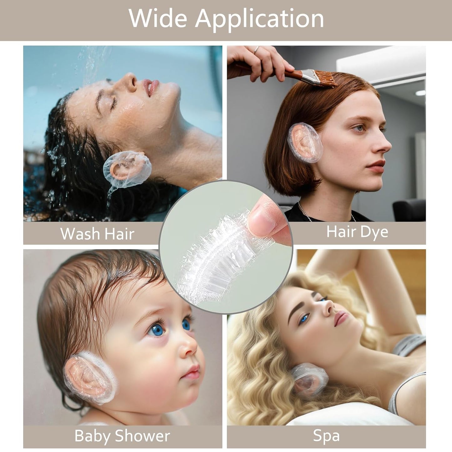 DJCIW 100 Pack Clear Disposable Ear Covers for Shower, Hair Dye, and Bathing, Waterproof Plastic Ear Protectors for Adults