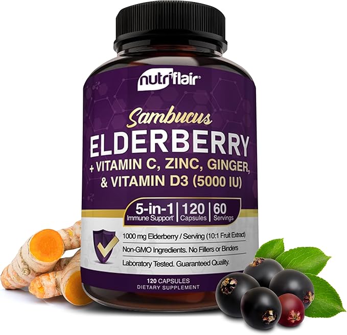 NutriFlair Sambucus Elderberry, 120 Veggie Capsules 5 in 1 Immune D3 5000 5000 IU, 2 Month