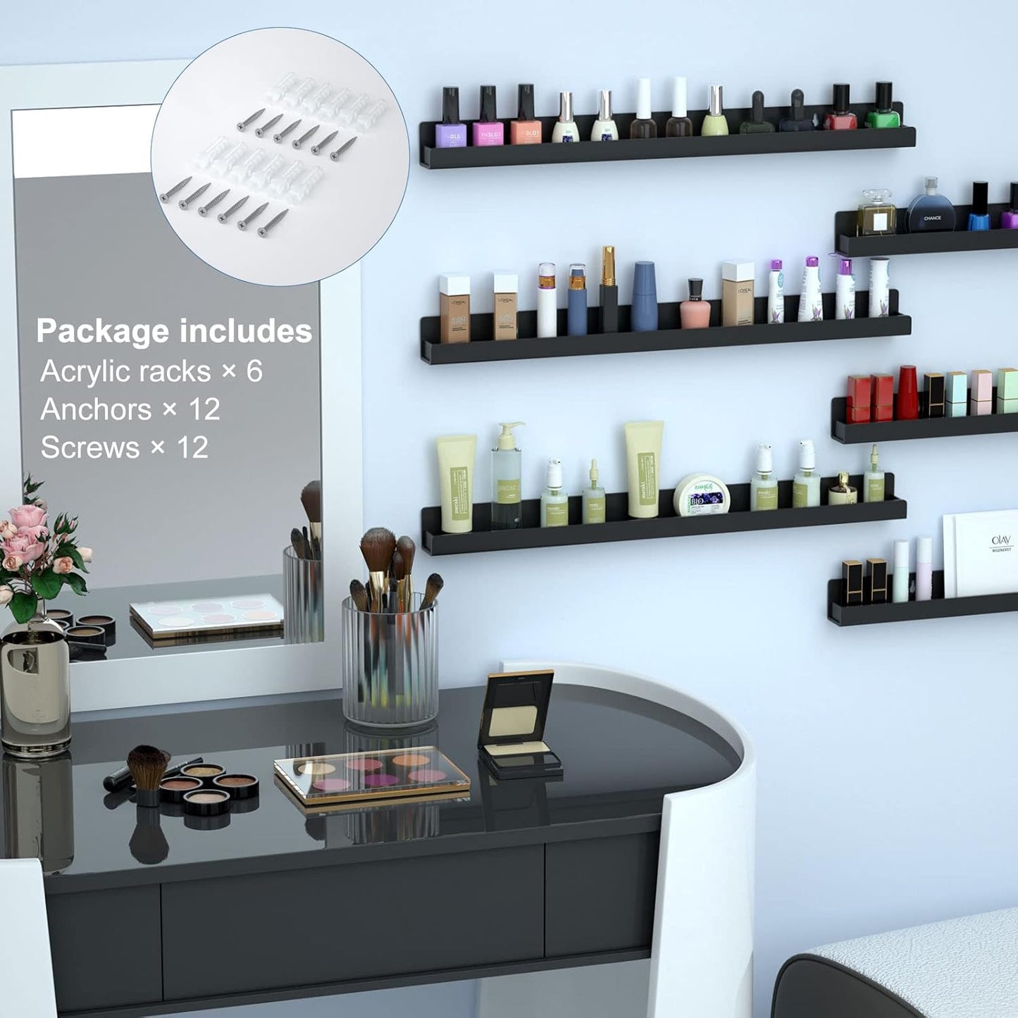 FEMELI Nail Polish Wall Rack: 6 Shelves 15 Inch Acrylic Nail Polish Holder Organizer for 66-90 Bottles, Multi-Purpose Acrylic Floating Shelves (15 Inch, Black)