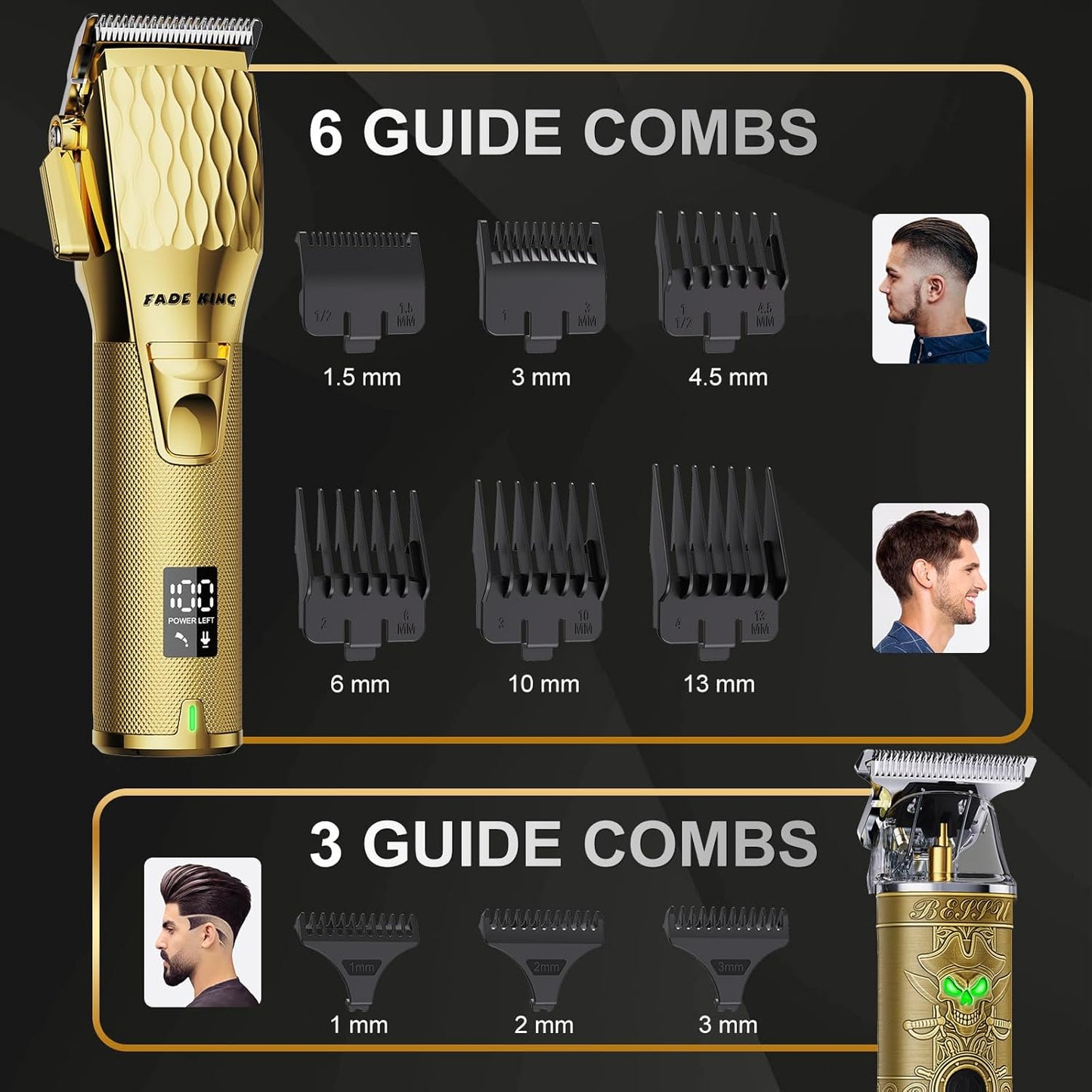 FADEKING® Professional Hair Clippers & Beard Trimmer Set for Men – Cordless Barber Clippers with LCD Display, Precision Trimmer & Travel Case – Gifts for Men Husband Father (Gold + Bronze)