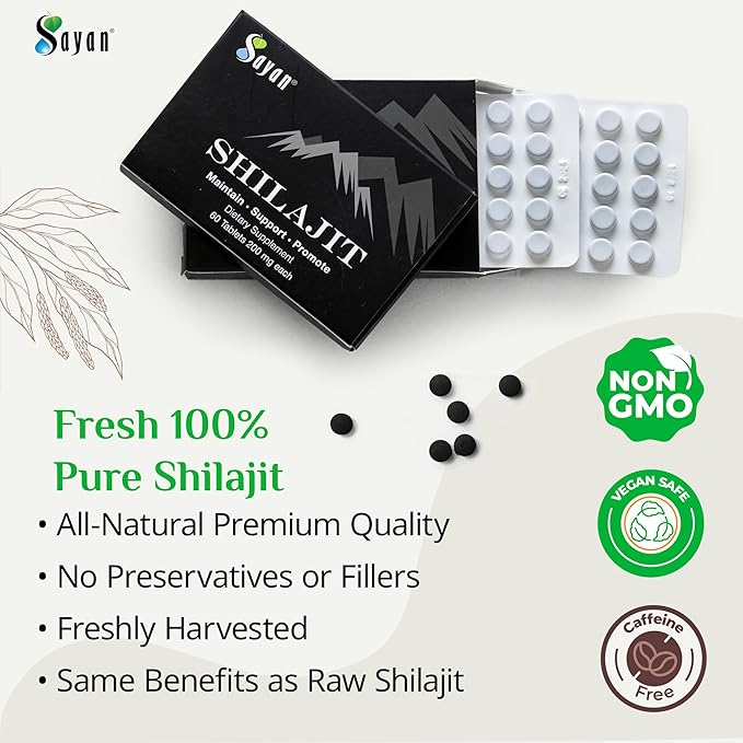 Sayan Shilajit Pure Organic Black Resin Mineral Tablets - Premium Quality Supplement Drops for Men and Women (60 Tablets, 1-2 Month Supply) for Immune Support, Natural Detox, and Energy Boost