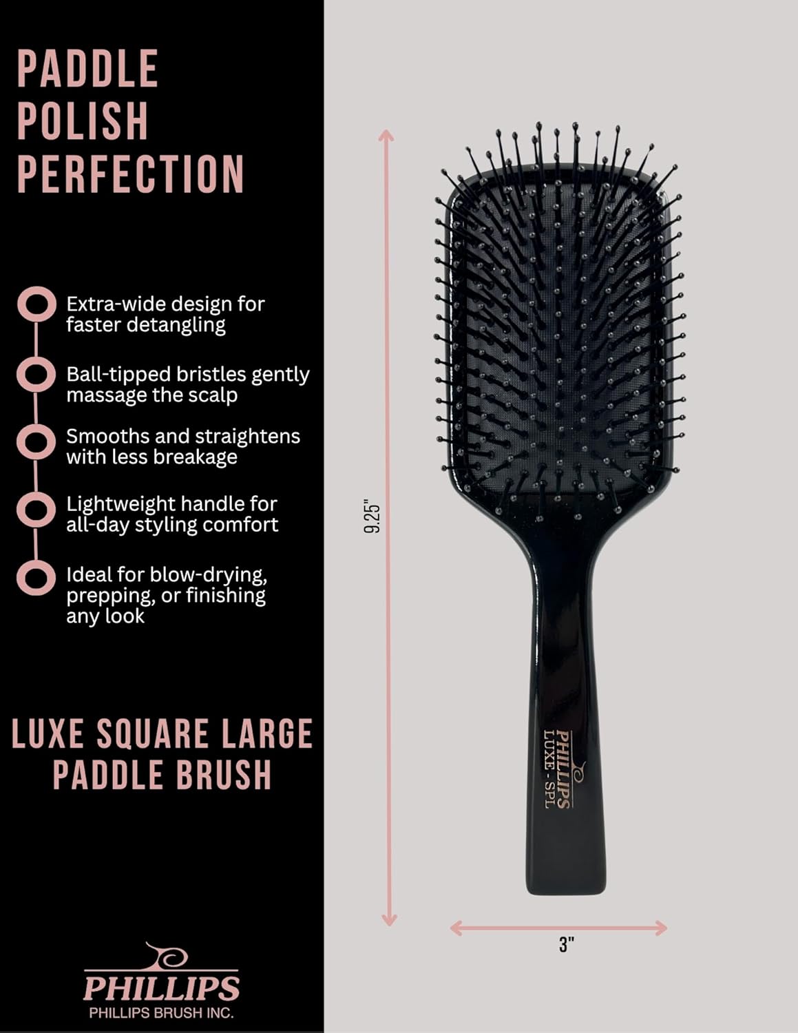 Phillips Brush Luxe Square Paddle Hair Brush, Sleek Black Color with Gold Accents – 9.25 inch Detangler Paddle Brush from the Luxe Series by Phillips Brush