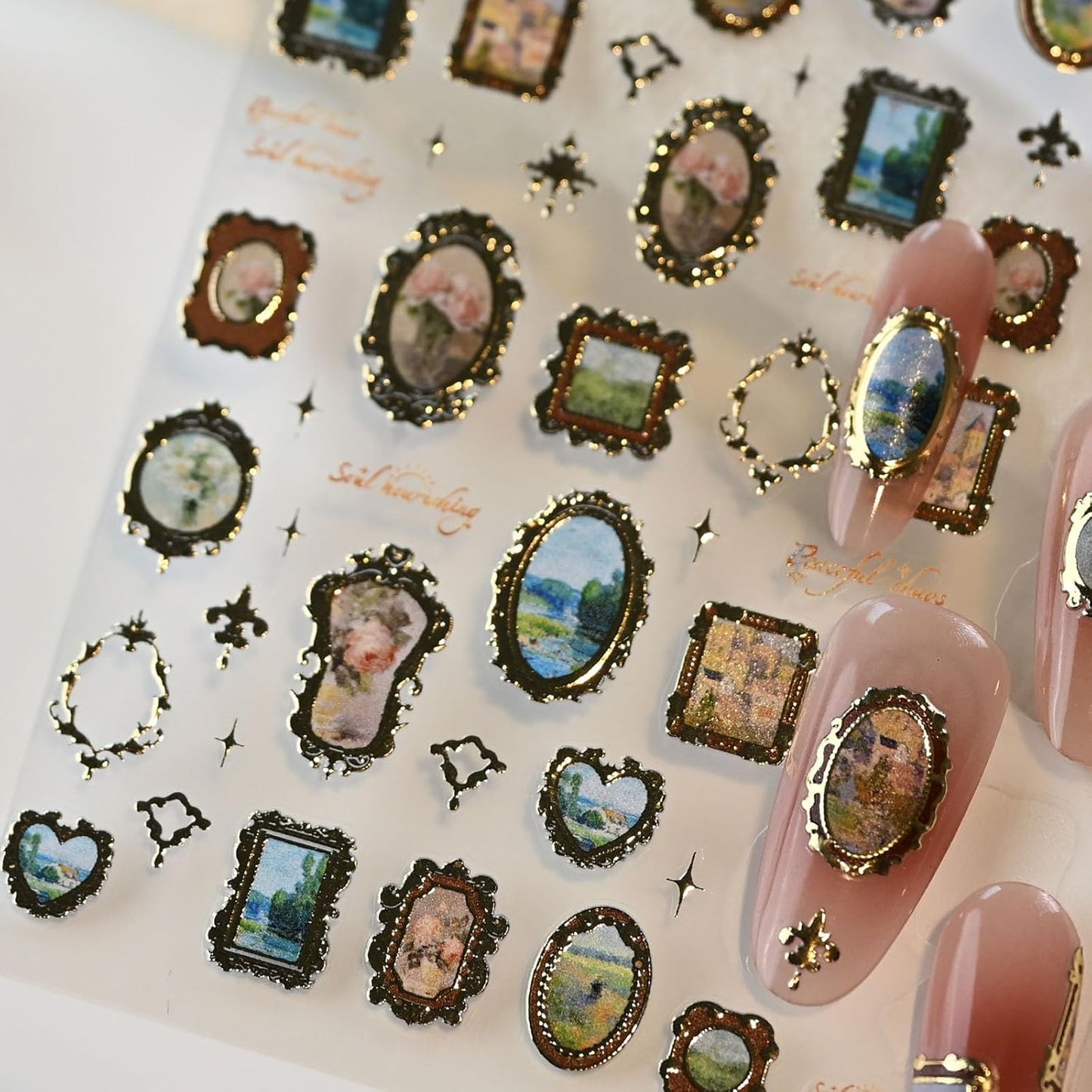 Golden Frame Nail Art Stickers, Self-Adhesive Vintage Nail Decals Women's Nail Accessories