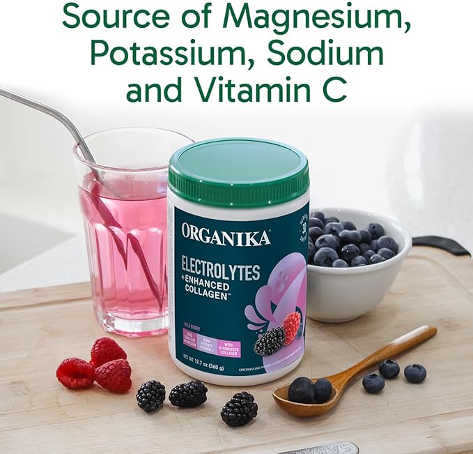 Organikа Electrolytes with Enhanced Collagen Powder for Women & Men - 360g - Wild Berry-Flavored Effervescent Electrolyte & Collagen Drink Mix - Deep Hydration, Mobility, Skin, Hair, & Nails