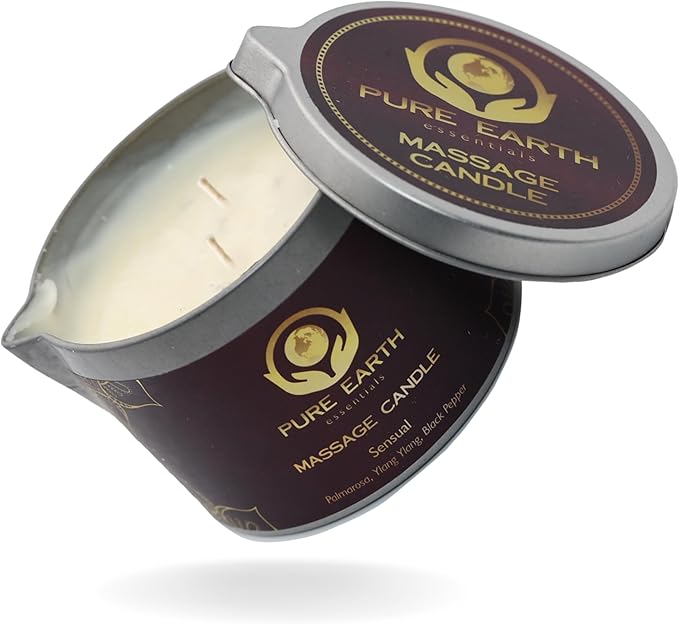 Sensual Massage Candle - Melts to Silky Oil, No Waxy Residue - Skin Moisturizing Body Massage Oil Candles (160 Grams or 6 oz.) - with Palmarosa, Ylang Ylang, Black Pepper by PURE EARTH essentials