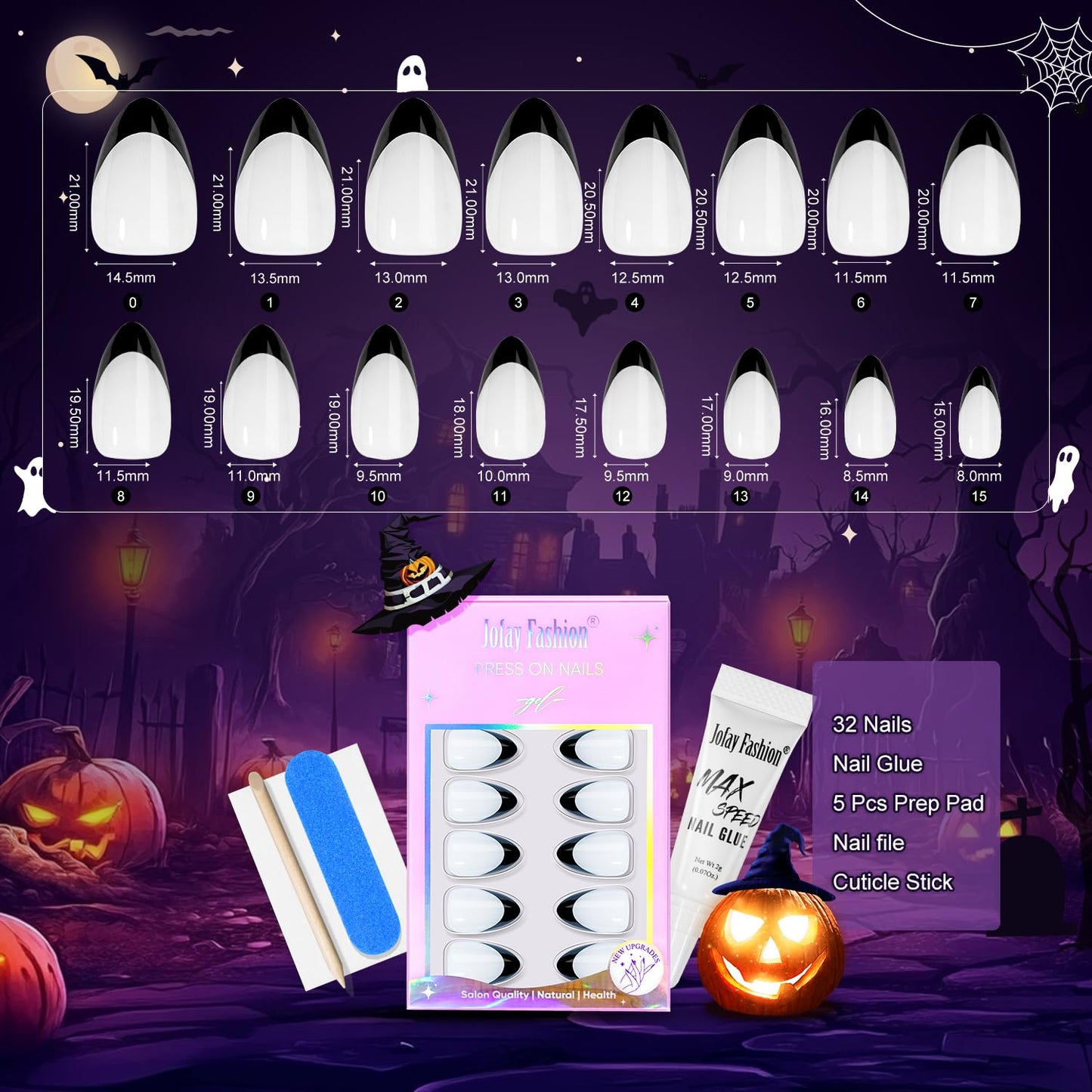 French Tip Press On Nails Almond - Noir French,Black Press On Nails Halloween, Acrylic Short Halloween Nails with Nail Glue, Fit Perfectly & Natural Stick On Nails in 16 Sizes - 32 PCS Soft Gel Kit