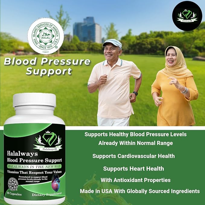 Halalways Blood Pressure Support Certified Halal Supplement Naturally BP Support with Garlic Bulb Powder, Hawthorn Berry, Green Tea Leaf & Hibiscus Vitamins for Healthy Hypertension (BP)