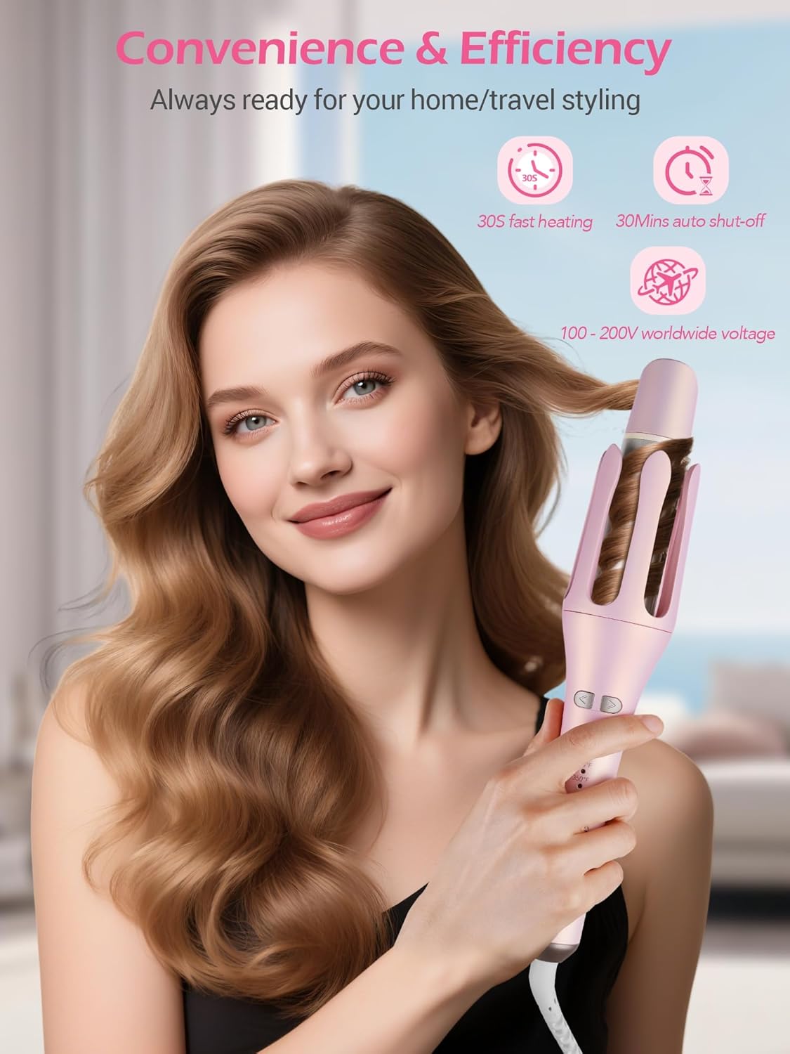 Automatic Rotating Curling Iron, ABVOT HC04 Pro Long Barrel Hair Curlers for Long Hair, Anti-Scald, Anti-Tangle, Ionic Ceramic Travel Dual Voltage 1 1/2 inch Curling Wand for Shiny & Effortless Curls