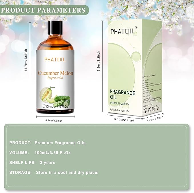 3.38FL.OZ Cucumber Melon Fragrance Oils for Aromatherapy, Essential Oils for Diffusers for Home, Perfect for Diffuser, Yoga, Skin Care, DIY Candle and Soap Making - 100ml